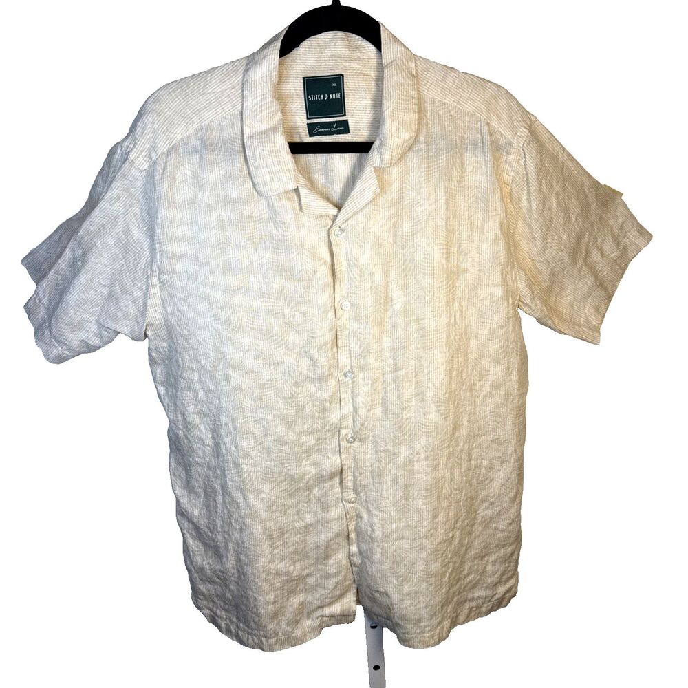 Stitch Note 100% European Linen Tan Short Sleeved Men's Button Down Shirt Sz XL